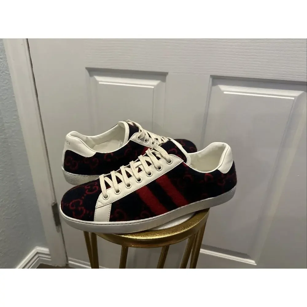AUTHENTIC GUCCI WOOL ACE GG BLUE RED SNEAKERS 548495 GG 9.5 (fits USA 10.5)